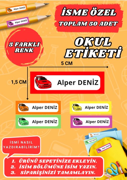 Araba Temalı Okul Etiketi Defter Kalem Kitap Sticker Etiket (5x1,5 Cm) 50 Adet -19-