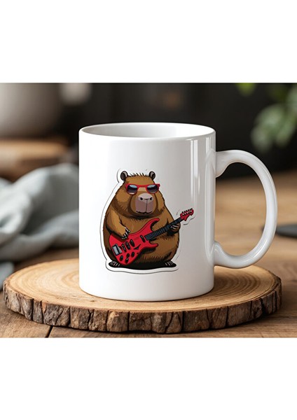 Kapibara Gitarist Tasarımlı Beyaz Seramik Baskılı Kupa Bardak