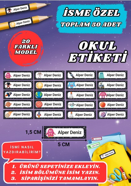 Uzaylılar Temalı Okul Etiketi Defter Kalem Kitap Sticker Etiket (5x1,5 Cm) 50 Adet -23-
