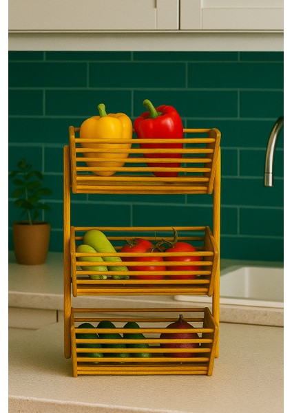 Bambu 3 Katlı Sebzelik – Doğal, Şık ve Fonksiyonel Mutfak Düzenleyici (32×28,5×67 Cm)
