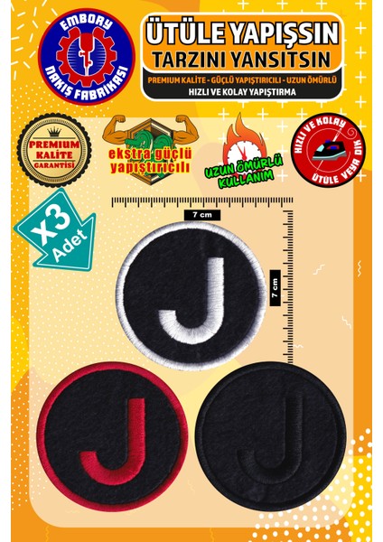 Ütü ile Yapışan Arma Yama, J Harf (3 Adet) Ütüyle Yapışan Nakış Dokuma Aplike Patch