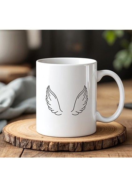 Melek Kanadı Tasarımlı Beyaz Seramik Baskılı Kupa Bardak