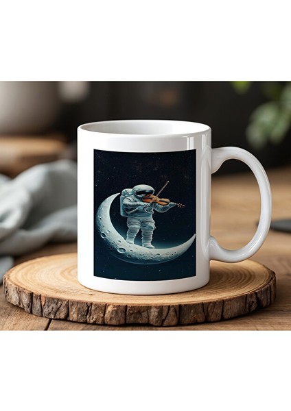 Astronot ve Keman Tasarımlı Beyaz Seramik Baskılı Kupa Bardak