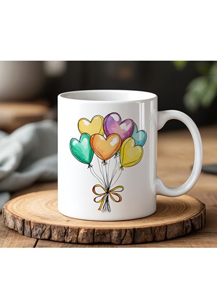 Kalpli Balon Tasarımlı Beyaz Seramik Baskılı Kupa Bardak