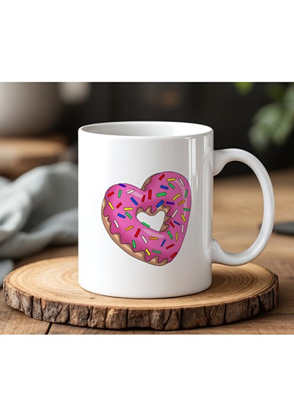 Kalpli Donut Tasarımlı Beyaz Seramik Baskılı Kupa Bardak