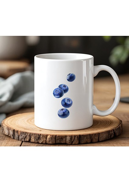 Yaban Mersinleri Tasarımlı Beyaz Seramik Baskılı Kupa Bardak