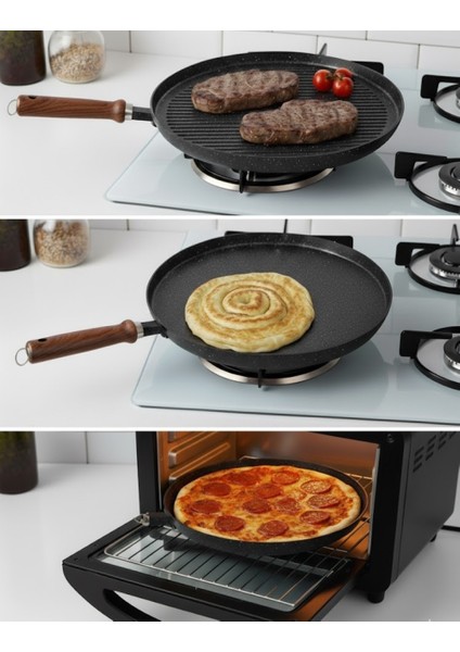 Çift Taraflı Gözleme & Izgara Tavası – Çıkarılabilir Kulp, Döküm, Yapışmaz Yüzey ve Kolay Temizlenir