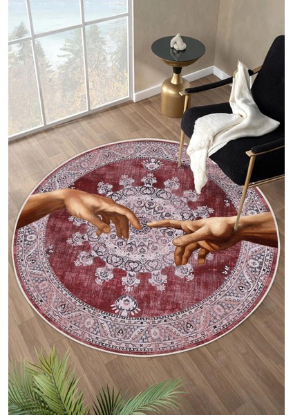 Yıkanabilir Modern Sanat Desenli Bordo Dijital Baskı Yuvarlak Halı