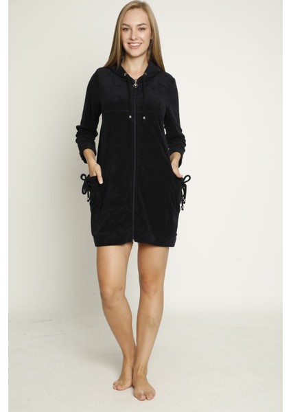 Kapüşonlu Uzun Kollu Cepli Fermuarlı Pamuklu Kadife Elbise