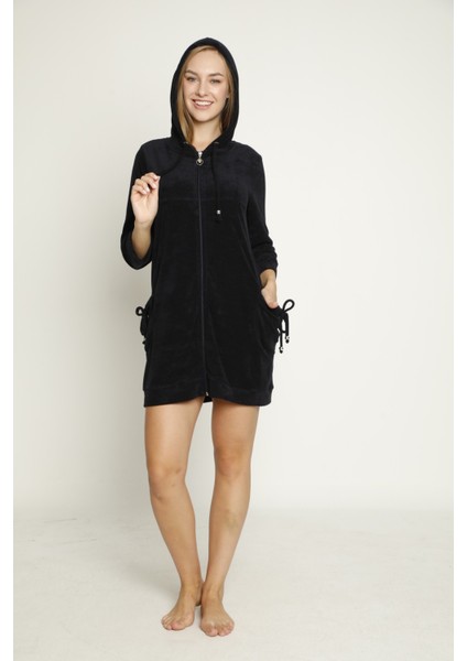 Kapüşonlu Uzun Kollu Cepli Fermuarlı Pamuklu Kadife Elbise fiyatları