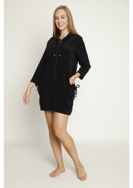 Kapüşonlu Uzun Kollu Cepli Fermuarlı Pamuklu Kadife Elbise modelleri