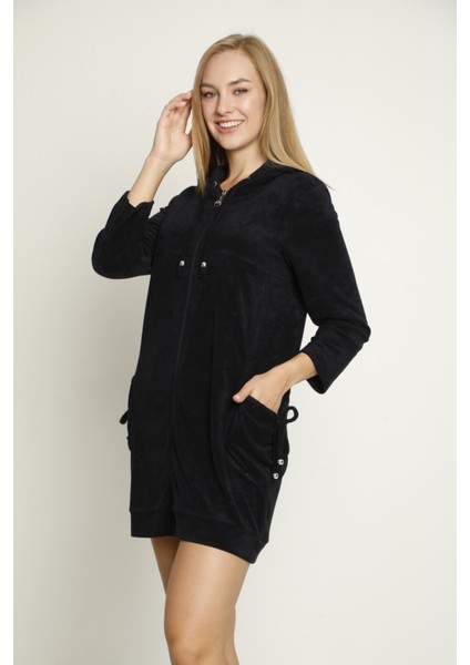 Kapüşonlu Uzun Kollu Cepli Fermuarlı Pamuklu Kadife Elbise fırsatları