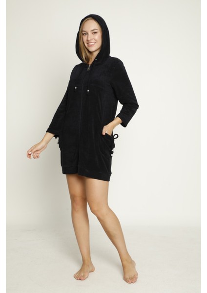 Kapüşonlu Uzun Kollu Cepli Fermuarlı Pamuklu Kadife Elbise