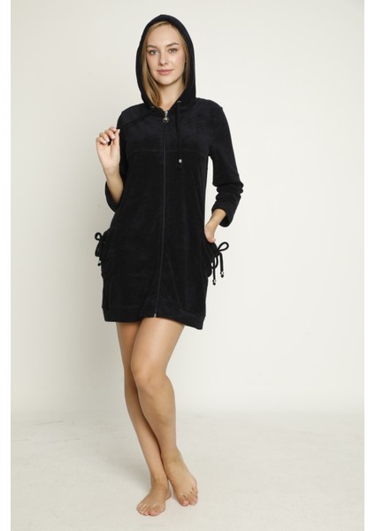 Kapüşonlu Uzun Kollu Cepli Fermuarlı Pamuklu Kadife Elbise