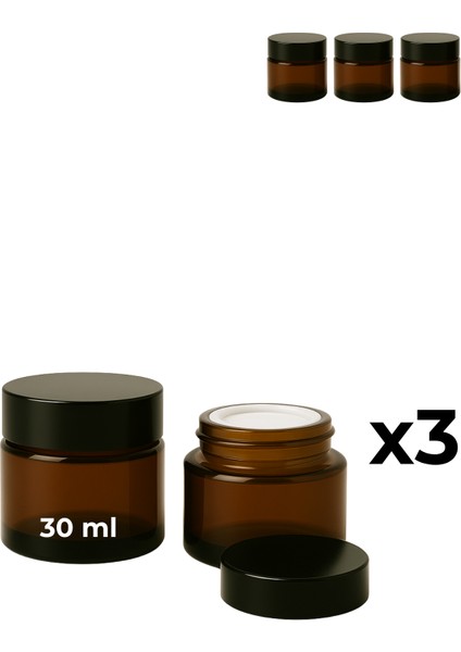 3’lü 30 ml Amber Cam Krem Kavanozu + Siyah Kapak