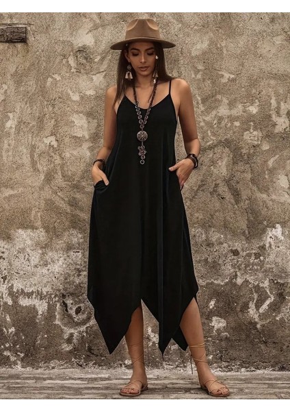 Kadın Askılı V Yakalı Cep Detaylı Asimetrik Kesim Detaylı Viskon Elbise