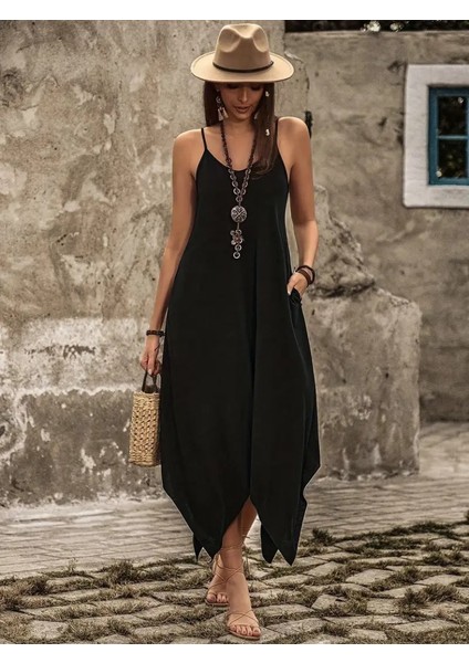 Kadın Askılı V Yakalı Cep Detaylı Asimetrik Kesim Detaylı Viskon Elbise fırsatları