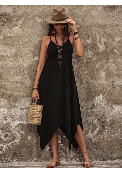 Kadın Askılı V Yakalı Cep Detaylı Asimetrik Kesim Detaylı Viskon Elbise indirimleri