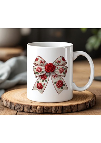 Çiçek Kurdela Tasarımlı Beyaz Seramik Baskılı Kupa Bardak