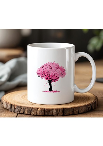 Pembe Yapraklı Ağaç Tasarımlı Beyaz Seramik Baskılı Kupa Bardak