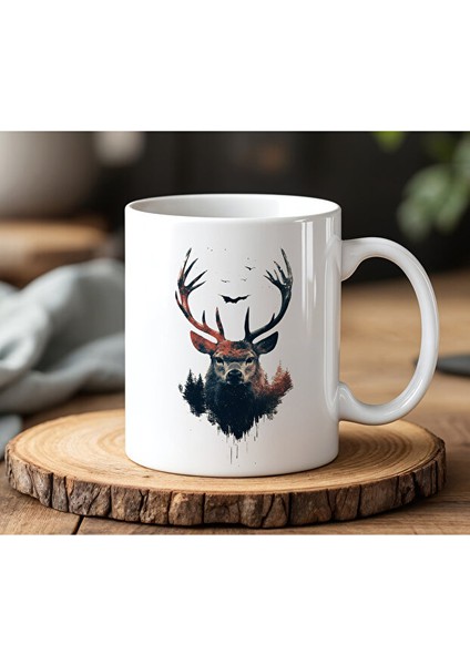 Geyik ve Doğa Tasarımlı Beyaz Seramik Baskılı Kupa Bardak