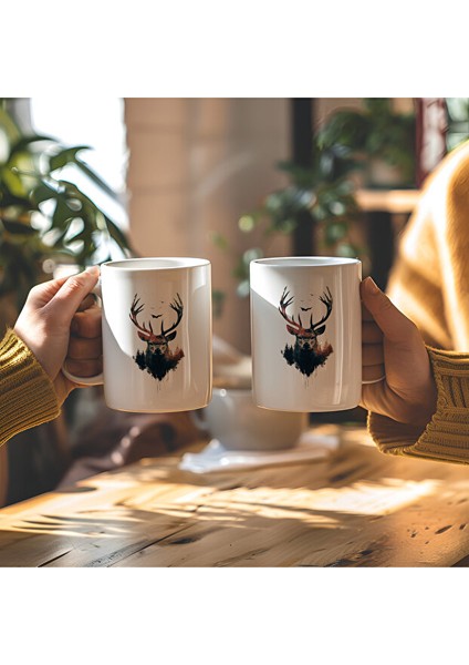 Geyik ve Doğa Tasarımlı Beyaz Seramik Baskılı Kupa Bardak fiyatları