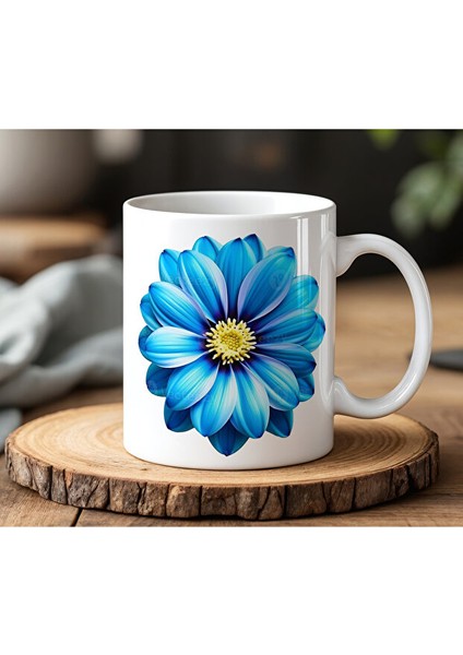 Mavi Renk Çiçek Tasarımlı Beyaz Seramik Baskılı Kupa Bardak