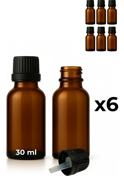 6’lı 30 ml Amber Cam Serum Şişesi + Siyah Içten Damlalıklı Kapak