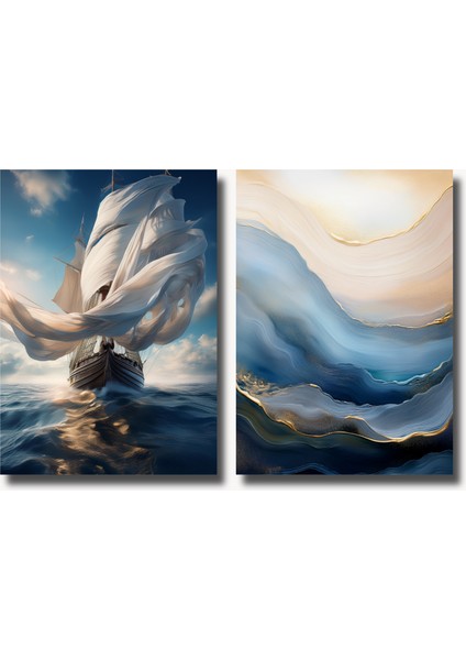 Çerçevesiz Poster 2'li Set | Yelkenli Gemi ve Soyut Mavi Dalga Posteri | Modern Dekorasyon Poster