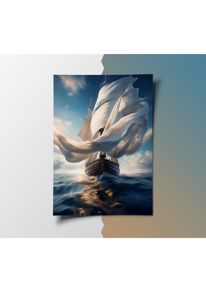 Çerçevesiz Poster 2'li Set | Yelkenli Gemi ve Soyut Mavi Dalga Posteri | Modern Dekorasyon Poster modelleri