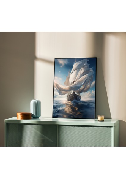 Çerçevesiz Poster 2'li Set | Yelkenli Gemi ve Soyut Mavi Dalga Posteri | Modern Dekorasyon Poster indirimleri