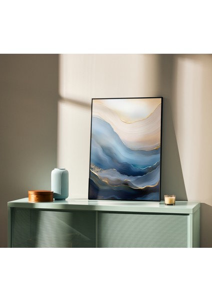 Çerçevesiz Poster 2'li Set | Yelkenli Gemi ve Soyut Mavi Dalga Posteri | Modern Dekorasyon Poster