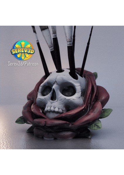 Kafatası Gül Kalemlik - Spooky Masa Düzenleyici - 3D Baskı Stl/3mf