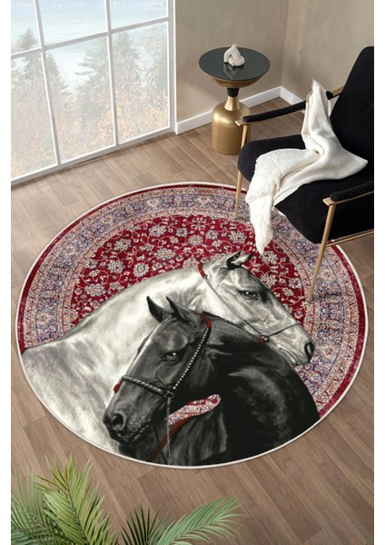 Yıkanabilir Modern Sanat Temalı At Desenli Bordo Dijital Baskı Yuvarlak Halı