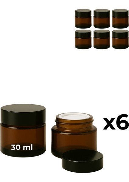 6’lı 30 ml Amber Cam Krem Kavanozu + Siyah Kapak