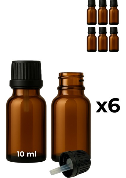 6’lı 10 ml Amber Cam Serum Şişesi + Siyah Içten Damlalıklı Kapak
