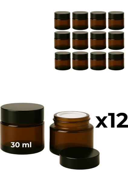 12’li 30 ml Amber Cam Krem Kavanozu + Siyah Kapak