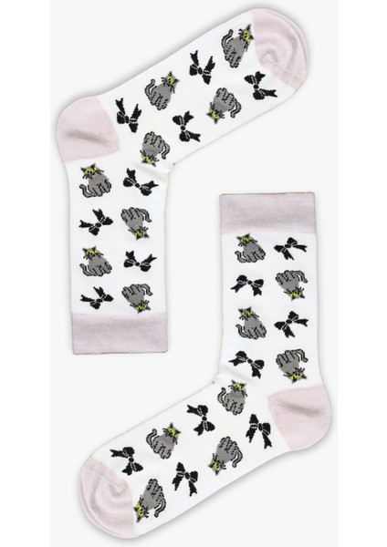 Çoklu Kedi Desenli Beyaz Unisex Soket Çorap