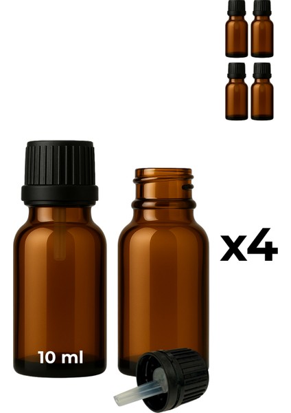 4’lü 10 ml Amber Cam Serum Şişesi + Siyah Içten Damlalıklı Kapak