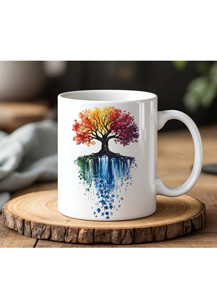 Renkli Ağaç Kökü Tasarımlı Beyaz Seramik Baskılı Kupa Bardak