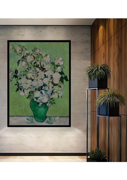 Çerçeve Görünümlü Van Gogh Beyaz Güller Dekoratif Ahşap Mdf Ev Duvar Tablo Dikdörtgen Ev Duvar Tablo