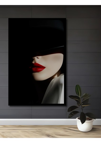 Çerçeve Görünümlü Şapka ve Kırmızı Ruj Dekoratif Ahşap Mdf Ev Duvar Tablo Dikdörtgen Ev Duvar Tablo
