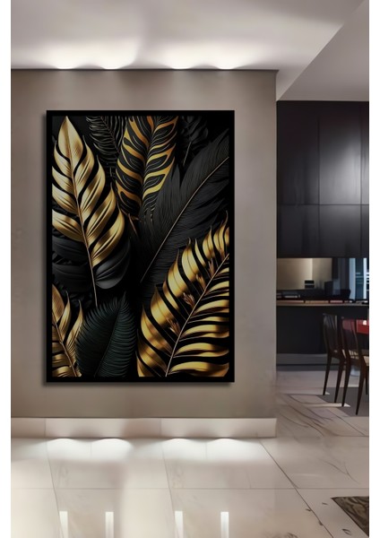 Çerçeve Görünümlü Altın Siyah Yapraklar Dekoratif Ahşap Mdf Ev Duvar Tablo Dikdörtgen Ev Duvar Tablo
