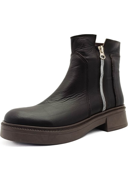 Hakiki Deri Acı Kahve Fermuarlı Kalın Topuk Ortopedik Kadın Bot