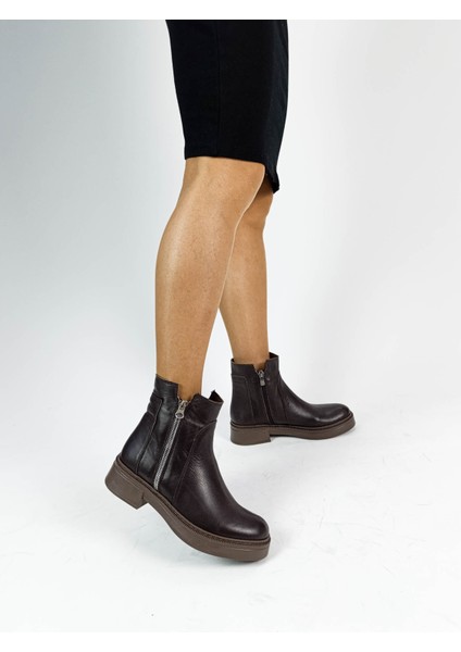 Hakiki Deri Acı Kahve Fermuarlı Kalın Topuk Ortopedik Kadın Bot fiyatları