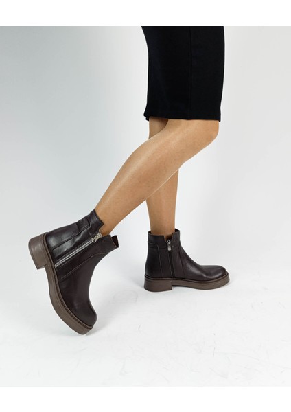 Hakiki Deri Acı Kahve Fermuarlı Kalın Topuk Ortopedik Kadın Bot modelleri
