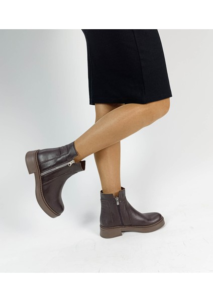 Hakiki Deri Acı Kahve Fermuarlı Kalın Topuk Ortopedik Kadın Bot fırsatları