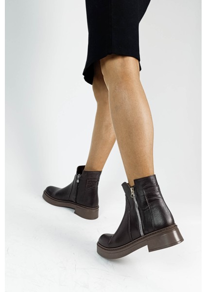 Hakiki Deri Acı Kahve Fermuarlı Kalın Topuk Ortopedik Kadın Bot indirimleri