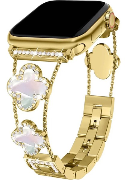 Apple Watch 11 10 9 8 7 6 Ultra Se Uyumlu 42 44 45 46 49MM Lüks Taşlı Çiçekli Metal Kordon – Şık Zarif Kadın Saat Kayışı