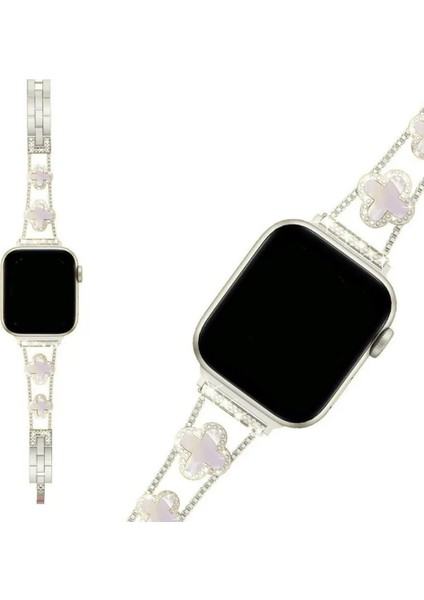 Apple Watch 11 10 42MM 9 8 7 6 Se Uyumlu 38 40 41MM Lüks Taşlı Çiçekli Metal Kordon – Şık Zarif Kadın Saat Kayışı